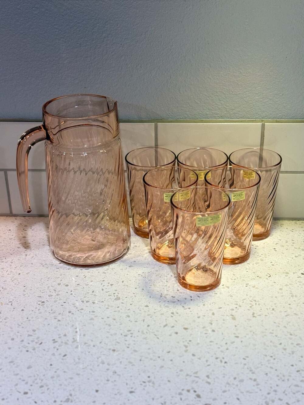 Rosaline Pink Swirl Optic 48 Oz Pitcher and 6 Tumblers Set by Arcoroc